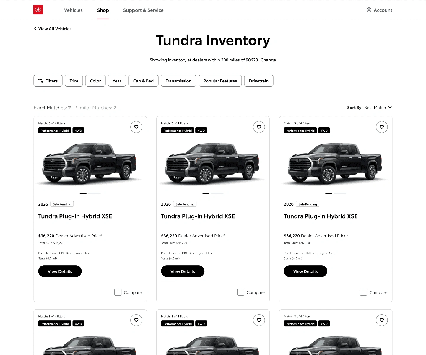 Vehicle listing page