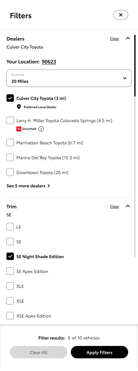 Mobile – all filters